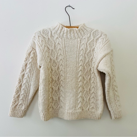 Handmade Sweaters - Vintage Handmade Wool Sweater Cream Fisherman Knit Aran Mock Turtleneck S M